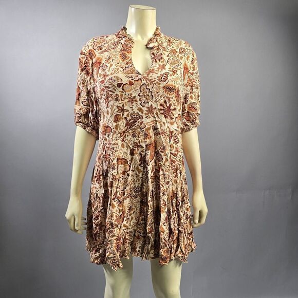 Olivaceous Tops - Olivaceous Brown and Tan Pleated Tunic with Mandarin Collar R7